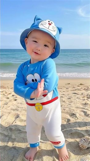 Cute baby dressed in Doraemon dancing on the beach #babydance #honeybeedance #baby