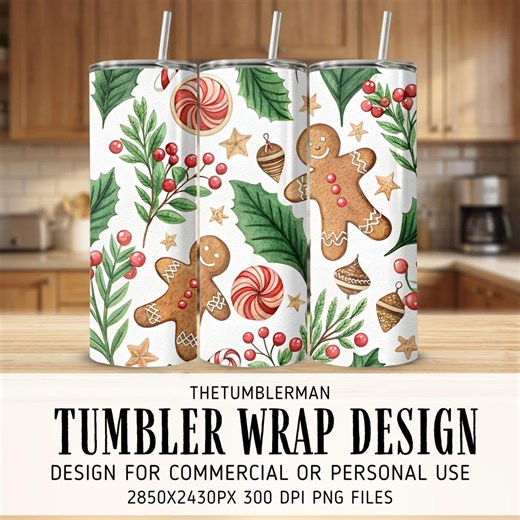 Christmas Tumbler, Digital Pattern, Holiday, Gingerbread Man, Holly, Candy, Berries, Watercolor Festive Design, Seamless Repeat Pattern, Png - Etsy.de