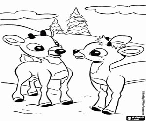 Two young reindeers Rudolph and Fireball coloring page printable game