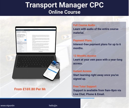 Train for your Transport Manager CPC without the classroom. Fully online learning, expert support, and exam booking handled for you. Study when it suits you with NTP Online Learning. https://www.ntponlinelearning.co.uk/courses/transport-manager-cpc-in-road-haulage-hgv/ | NTP Online Learning