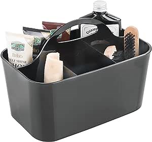 mDesign Shoe Care Products Organizer Tote for Cleaner, Polish, Brushes, Laces - Black Shoe Care Portable Storage Organizer Caddy Tote - Divided Basket Bin with Handle - Black