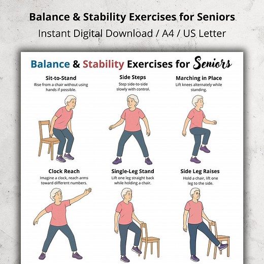 Balance & Stability Exercises for Seniors – Gentle Low Impact Workout Printable Chart, Senior Exercise PDF Download, Elderly Exercises - Etsy