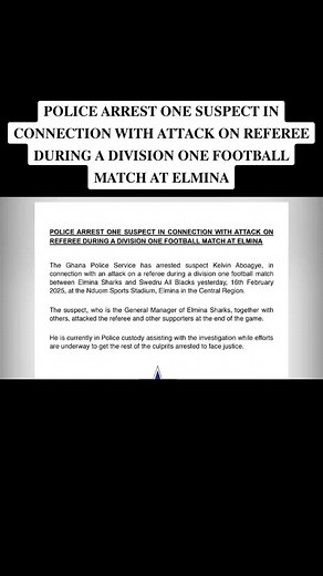 𝐏𝐎𝐋𝐈𝐂𝐄 𝐀𝐑𝐑𝐄𝐒𝐓 𝐎𝐍𝐄 𝐒𝐔𝐒𝐏𝐄𝐂𝐓 𝐈𝐍 𝐂𝐎𝐍𝐍𝐄𝐂𝐓𝐈𝐎𝐍 𝐖𝐈𝐓𝐇 𝐀𝐓𝐓𝐀𝐂𝐊 𝐎𝐍 𝐑𝐄𝐅𝐄𝐑𝐄𝐄 𝐃𝐔𝐑𝐈𝐍𝐆 𝐀 𝐃𝐈𝐕𝐈𝐒𝐈𝐎𝐍 𝐎𝐍𝐄 𝐅𝐎𝐎𝐓𝐁𝐀𝐋𝐋 𝐌𝐀𝐓𝐂𝐇 𝐀𝐓 𝐄𝐋𝐌𝐈𝐍𝐀