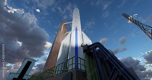Space rocket at launch pad. 3d animation. Camera rotating around shuttle. Sunset blue sky, dramatic clouds and spotlights lighting rocket. Cinematic 4k resolution. Ariane 6.