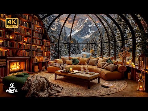 Winter Library Sanctuary ❄️ Velvet Jazz Glow in a Glass-Dome Cabin with Snowfall & Cozy Reading Nook