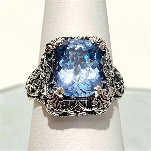 Natural Aquamarine Ring | Size 7 | Sterling Silver Genuine Blue Gemstone Floral Art Deco Edwardian Filigree [in Stock] Design#200z - Etsy