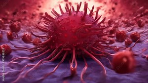 A detailed microscopic view of red viruses, showing their spiked surfaces, highlighting the complexity and danger of viral pathogens