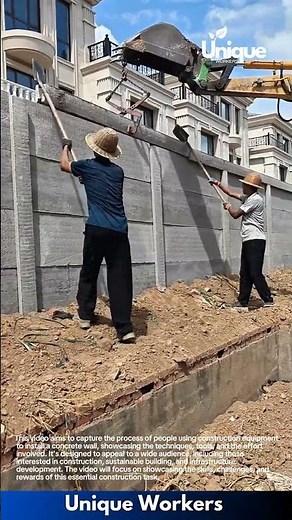 Concrete wall installation: people using construction equipment to install a concrete wall