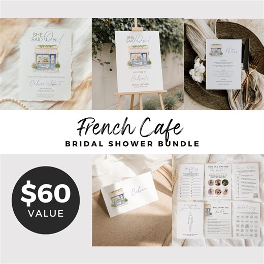 French Cafe Bridal Shower Bundle, Paris Theme Bridal Shower Games, She Said Oui, Editable Invitation, Printable Signage, Canva Template - Etsy