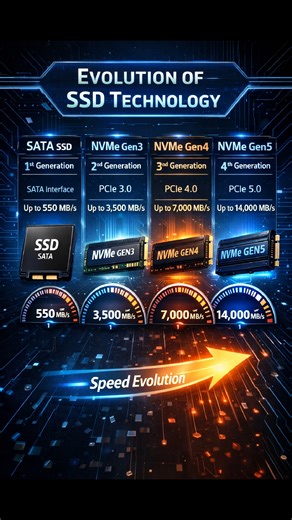 Evolution of SSD Speeds: SATA vs NVMe Gen3/4/5! 🚀💾 From SATA SSD to NVMe Gen5, SSD technology has drastically evolved. ⚡ See how speeds jumped from 550 MB/s to 14,000 MB/s! Upgrade your storage and experience blazing-fast performance. 💻✨ #SSD #NVMe #SATA #TechUpgrade #FasterPC #StorageTech #TechTrends | Windows Explainer