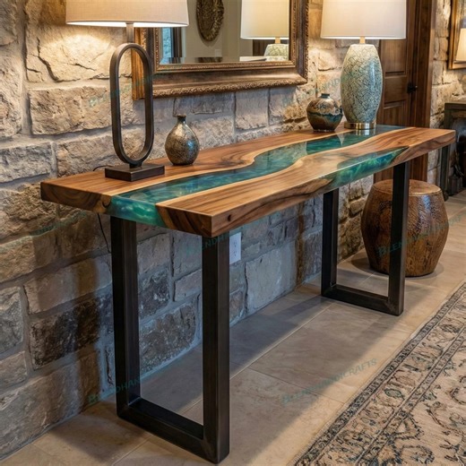 Custom Metallic Green Epoxy Console Table – Natural Acacia Wood Entryway Table – Luxury Furniture - Etsy