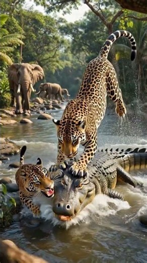 Two Leopards Launch Dangerous River Attack on Crocodile #leopardvscrocodile #wildlifedocumentary