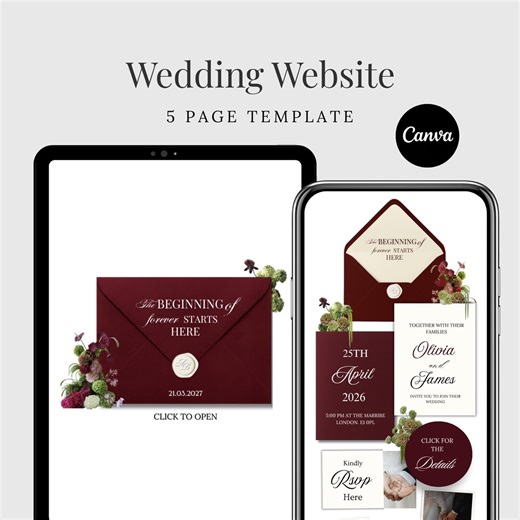 Burgundy Envelope Floral Wedding Website. Digital Invitation Canva Template - Etsy