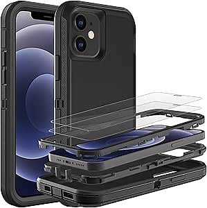 for iPhone 12 Mini Case, Heavy Duty Protection 3-Layers [Shockproof] [Dropproof] [Anti-Slip] Phone Cover [with 2 Tempered Glass Screen Protectors] for Apple 12 Mini (Black)