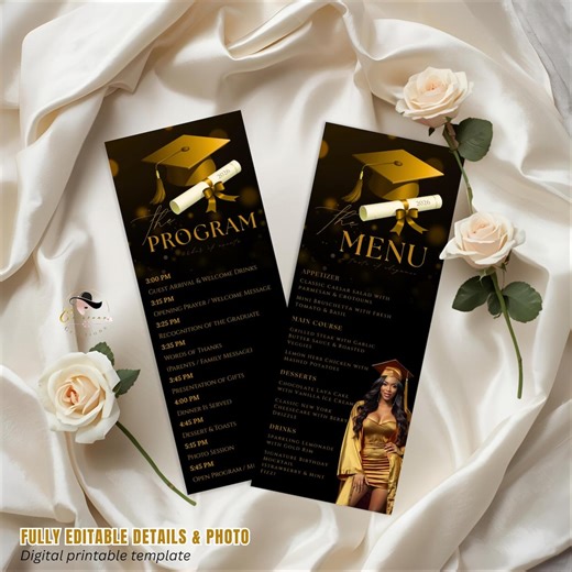 Black Gold Graduation Dinner Menu and Program Card, Senior Grad Party Menu With Photo, Order of Events, Grad Brunch Menu, Printable Template - Etsy