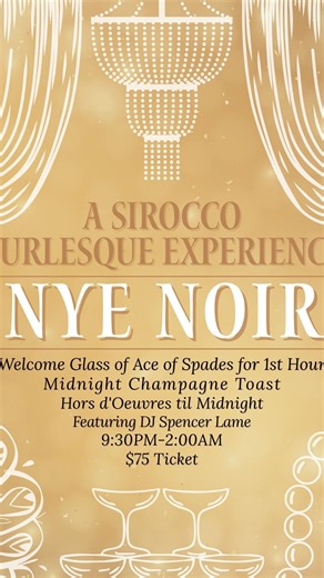 Sirocco on Instagram: "Skip the crowds and elevate your New Year. Join us on the rooftop for a high-energy night with the firework views in the city. ♠️ Welcome glass of Ace of Spades (9:30 PM – 10:30 PM). 🍾 Midnight Champagne celebration as the year turns. 🍽️ Chef-crafted hors d’oeuvres served until midnight. 🎵 Live DJ set by DJ Spencer Lame. 🎇 Rooftop views for the midnight fireworks. 9:30 PM – 2:00 AM VIP TABLE SERVICE Burlesque Experience Limited tickets available. Because the best night
