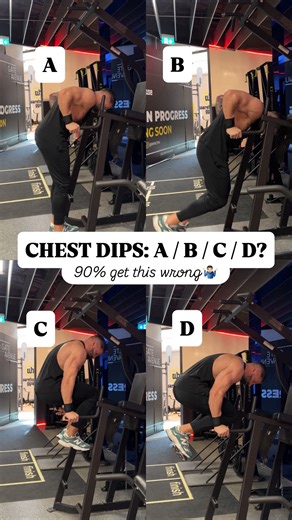 Executive Men’s Fitness Coach on Instagram: "Most people think they’re doing chest dips… but all I see is triceps + momentum + ego. Let’s break it down 👇🏻 ❌ HOW NOT TO DO DIPS • Body fully upright • Legs straight • Swinging knees back and forth like a fish 🐟 • Using momentum instead of tension Result? 👉🏻 Triceps take over 👉🏻 Chest barely works 👉🏻 Shoulder stress goes up You’re moving weight. Not loading the muscle. ✅ HOW TO ACTUALLY HIT CHEST • Slight knee tuck • Lean the torso forward