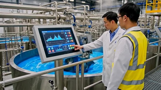 process engineers review reactor mixing and dashboard telemetry at industrial plant - touchscreen controls and stainless vessels - safety protocols and real time data visualization