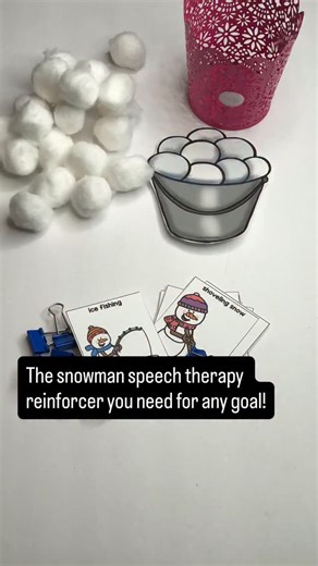 Got mixed groups and trying to keep them all engaged? Put some snowman printables on binder clips, grab cotton balls and have your students earn snowballs to knock down the snowman. Grab any articulation or language deck to work on speech therapy goals. Once your students earn their snowballs, they can knock down the snowmen! Or, you can set a timer to drill for 2-5 minutes, and then play the reinforcer taking turns to try to knock down the snowmen. Pro tip: make sure to space out your snowman s