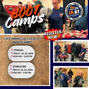📣 Upcoming UA Local 81 Bootcamps Ready to level up your skills? Join us this February for hands‑on training and career‑building opportunities. 📍 Ithaca 🗓️ Feb 17, 18, 19, 2026 ⏰ 8:00 AM – 3:30 PM 📍 Syracuse 🗓️ Feb 24, 25, 26, 2026 ⏰ 8:00 AM – 3:30 PM 🖊️ Sign‑ups open November 28, 2026 at 12:00 AM Don’t miss your chance—spots fill fast! https://bit.ly/4ak6ggM #Syracuse #Ithaca #UALocal81 #Bootcamp #SkilledTrades #UnionStrong #Ithaca #Syracuse #TrainingOpportunity #PipeTradesPower | UA Local