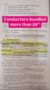 When more than three current-carrying conductors are bundled (not maintain spacing) for more than 24 inches, the ampacity of the conductors at 90C [310.15(A)] must be adjusted in accordance with Table 310.15(C)(1). For example, the adjusted ampacity of 12 AWG, where there is nine current-carrying conductors bundled for more than 24 inches is 21A (30A x 70%). (#electrican #electricalcontractor #mikeholt #sparkylife #electricalapprentice | Mike Holt Enterprises