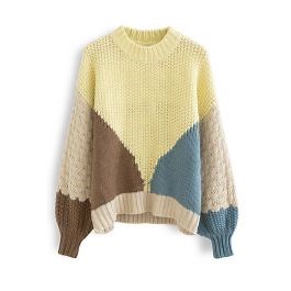 Color Block Hand-Knit Chunky Sweater in Yellow