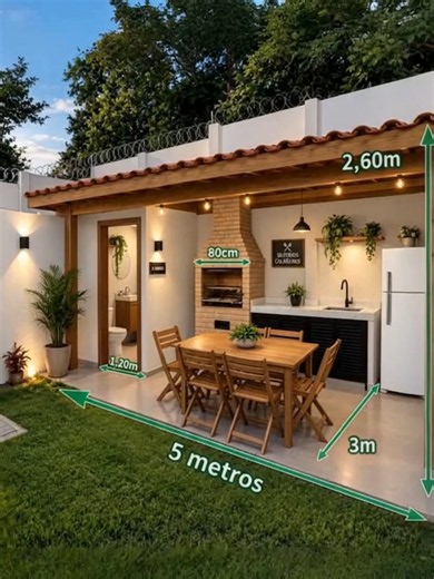 Área gourmet com churrasqueira para quem pensa em construir uma area gourmet no quintal de casa. Veja 10 plantas baixas de área gourmet com medidas na bio. Esse lindo projeto de área de lazer moderna é perfeito para quem busca planta baixa de area gourmet moderna com medidas. No meu perfil você encontra ideias de área de lazer com churrasqueira para quem pensa em construir um cantinho de lazer no quintal em 2026 ou em 2027. Gostou dessa área gourmet simples e bonita? Também pode ser uma área gou