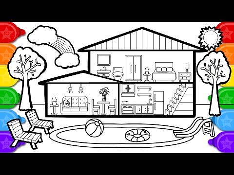 Coloring house with swimming pool colouring page, learn colors coloring and how to draw for kids