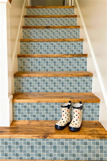 Serene Blue Square Grid Design Pattern,stair Riser Stickers,peel and Stick Stair Riser,vinyl Strip Self Adhesive,easy to Trim - Etsy
