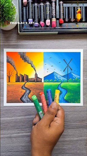 🔥 Pollution vs Nature Drawing | Oil Pastel Easy Art for Beginners #art #drawing