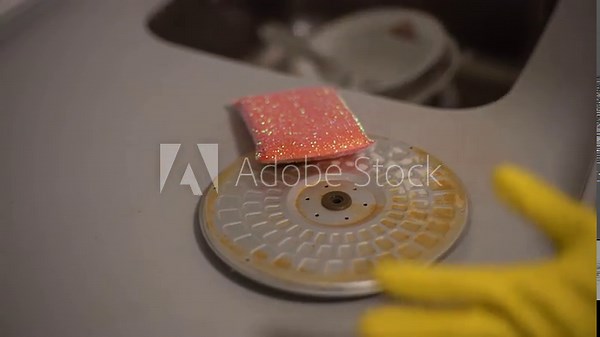 Woman washing dirty dishes in the kitchen sink
