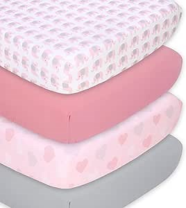 The Peanutshell Baby Crib Sheets 4-Pack for Girl - Soft, Oval & Fitted Baby Girls Crib Sheet, Rectangle, Fitted Covers, Halo Mattress - Pink Elephant