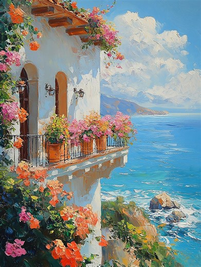Mediterranean Coastal Oil Painting With Flowers Seascape Wall Art Canvas - Etsy