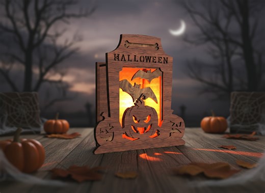 Halloween Tombstone Lantern SVG – Bat & Pumpkin Candle Holder Laser Cut Files | Ready to Use Files - Atomm
