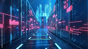 Cyber City Data Center: Futuristic server room with glowing screens and city skyline in background. A digital landscape of innovation and technology.