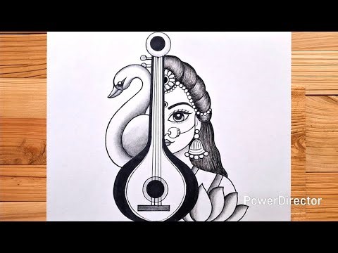 Saraswati Maa Beautiful Drawing With Bina Hans and Lotus Flower | Vasant Panchami Drawing