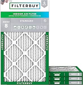 Filterbuy 10x18x1 Air Filter MERV 8 Essential Dust & Allergy Defense (4-Pack), Electrostatic Pleated HVAC AC Furnace Filters Replacement, Made in USA (Actual Size: 9.50 x 17.50 x 0.75)