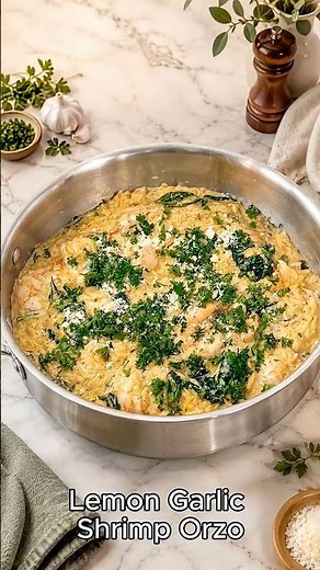 Creamy Lemon Garlic Shrimp Orzo #onepan #easyrecipe