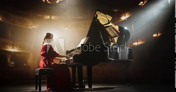 Talented Female Pianist Captivates the Audience with Her Masterful Grand Piano Recital. Under Soft Stage Lights, Her Fingers Move Across the Keys, Creating Beautiful Classical Music