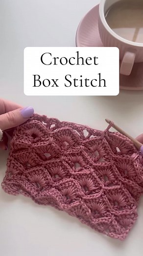 Crochet Box Stitch 💕 Pattern Below and Full Video in bio Chain multiples of 10 2. Row 1:Single crochet (sc) in the second chain from hook. *Skip 4 chains. Work 5 double crochets (dc) into the next chain, chain 1, and work 5 more dc into the same chain. Skip 4 chains, work a sc in the next chain. Repeat from * across. Chain 1, turn. Row 2: Sc in the first stitch. *Front-post-single-crochet (fpsc) into the next 5 stitches, chain 1, fpsc in next 6 stitches. Repeat from *, ending with 1 single croc