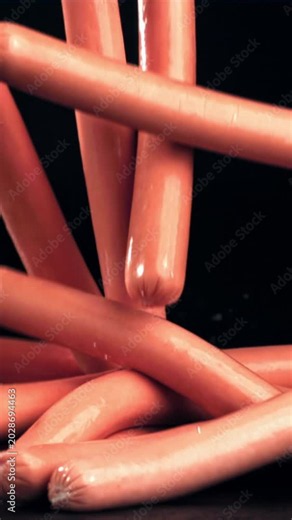 Fresh sausages fall on a wet black table. Filmed on a high-speed camera at 1000 fps. High quality FullHD footage