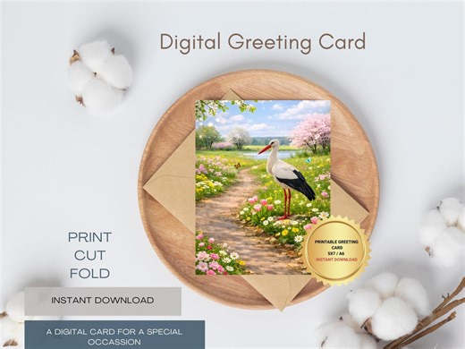 Printable Spring Greeting Card, Stork Spring Card, Flowers Bloom Card, First Day of Spring Printable Card, Instant Download A6 5x7 - Etsy