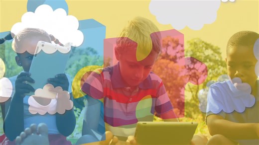 Animation of colourful puzzle pieces over children using tablets | Premium Stock Video Footage