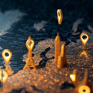 Golden european map with landmarks and location pins indicating cities and travel destinations