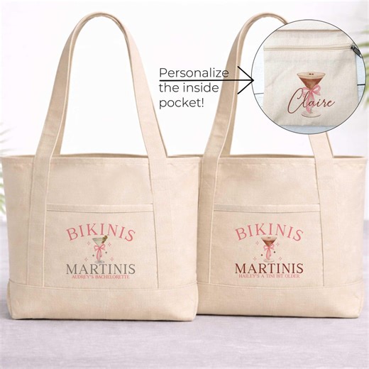Bikinis & Martinis Canvas Beach Tote | Personalized Girls Trip and Bachelorette Bag - Etsy