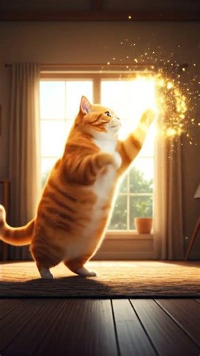 The cat jumps towards the window, its body stretching, paw reaching out to touch the magical