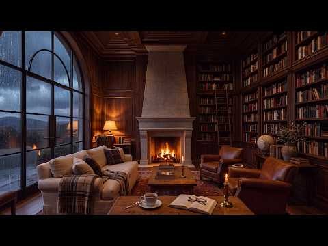 Cozy Fall Library Ambience 🍂 Rainy Evening Fireplace with Soft Piano | Study, Read & Relax