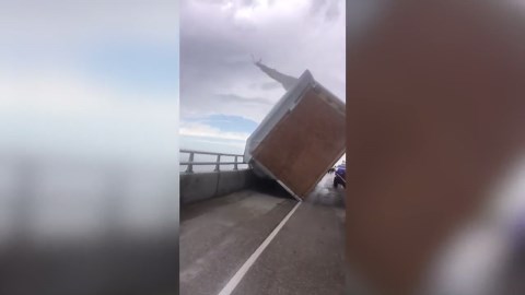 Modular home blown off trailer on Marc Basnight Bridge