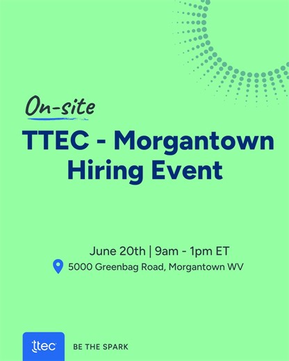  Ready to take your career to new heights? Join us at our exclusive on-site hiring event in Morgantown, WV!  Explore diverse career opportunities, meet our amazing team, and apply in person. This is your chance to shine and find your perfect fit at TTEC!  Date: June 20th | 9 am - 1 pm ET  Location: 5000 Greenbag Road, Morgantown, WV  Don't miss out—secure your spot today: https://bit.ly/3XtSiCH | ttec USA | Facebook