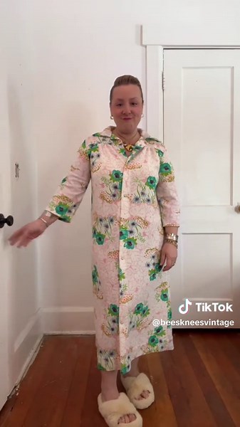 THE RETURN OF THE HOUSECOAT Thrift of the day $4.99 1970’s housecoat. “More polished than a bathrobe making it suitable for brief interactions with guests or quick trips outside” #thrifttok #thriftoftheday #vintagefashion #housecoat #70sfashion